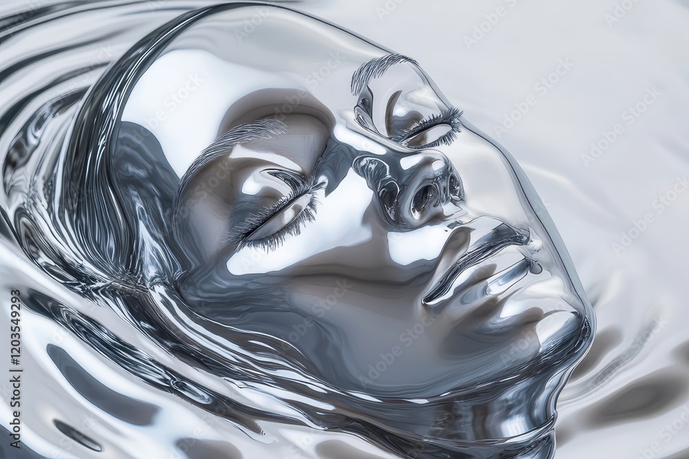 Poster reflections of tranquility in a serene silver face gently resting on a liquid surface under soft amb
