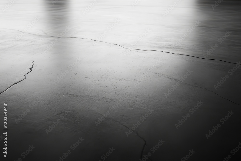 Poster cracks in the floor reflect the passage of time in a serene black and white setting of an empty spac