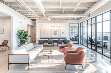 Fototapeta premium White ceiling and carpeted flooring in the conference room. In an open space, there is also sofa furniture and chairs for relaxing during team members' meetings. Generative AI
