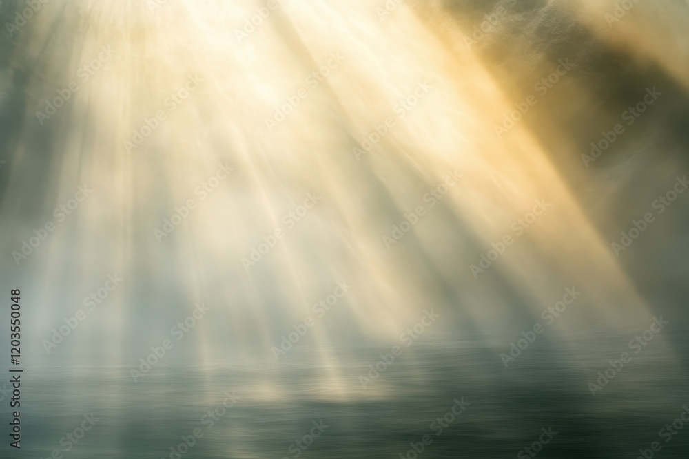 Poster sunlight breaks through clouds over a serene ocean, creating a magical atmosphere at dawn. generativ