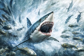 Naklejka premium Fierce Battle of Shark and School of Fish