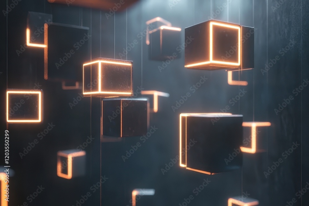 Poster hanging glowing cubes create a mesmerizing display in a dimly lit modern space during a tech art exh