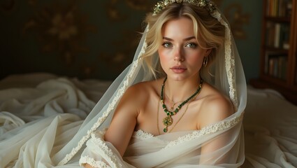 Fototapeta premium A fair-skinned woman in a white dress and veil is pictured against a muted background.