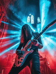 Obraz premium Guitarist performing under vibrant stage lights with dramatic gothic architecture