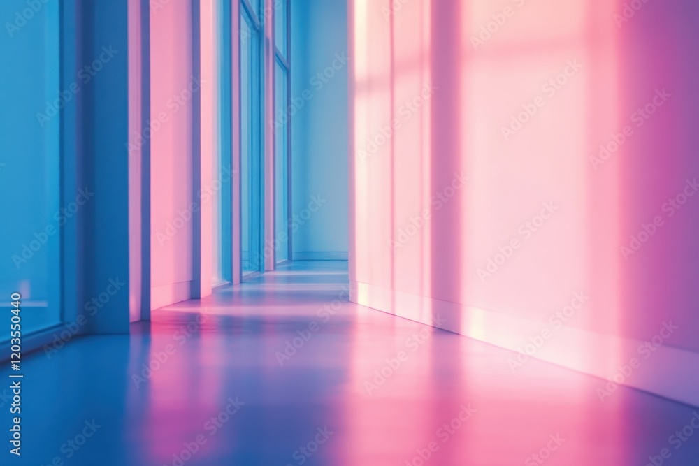 Poster vibrant interplay of light and shadows in a modern corridor reflecting serenity and artistic flair. 