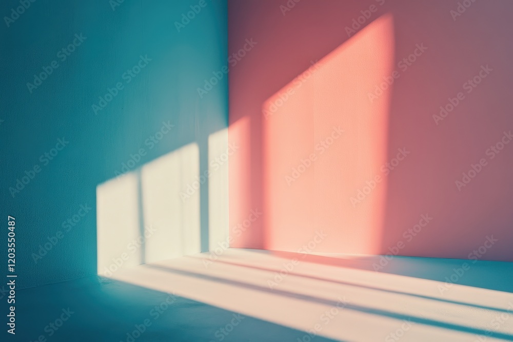 Poster shadows dance as sunlight streams through colorful walls in an artistic room creating a vibrant atmo