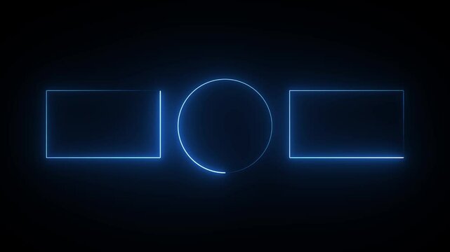 abstract glowing blue neon tow rectangle and one circle icon animated with background.