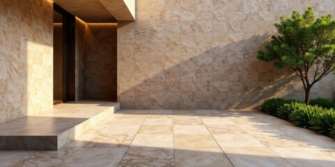 Serene Exterior Patio Design with Warm-Toned Stone Tiles and Lush Greenery