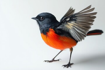 Vibrant bird with orange breast, black back, and spread wings.