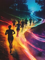 Obraz premium Silhouetted Runners on a Vibrant Path with Swirling Colorful Energy at Dusk