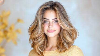 A woman with a stunning balayage effect hairstyle, featuring seamless blends of light and dark tones that create a natural, sun kissed look.