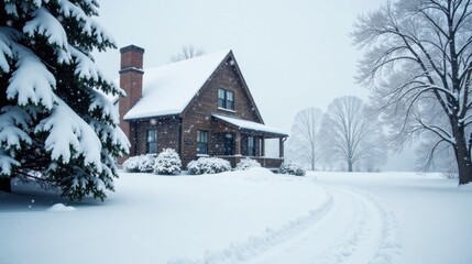 Serene Winter Landscape Featuring a Cozy Snow-Covered House with Brick Chimney and Snow-laden Evergreens