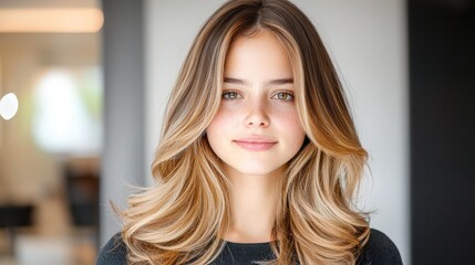 A woman with a stunning balayage effect hairstyle, featuring seamless blends of light and dark tones that create a natural, sun kissed look.