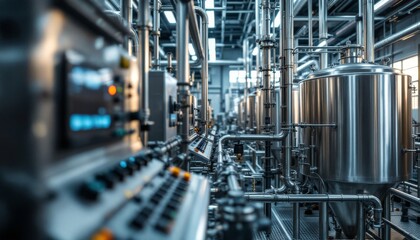 Fototapeta premium Industrial Stainless Steel Brewery Equipment And Piping