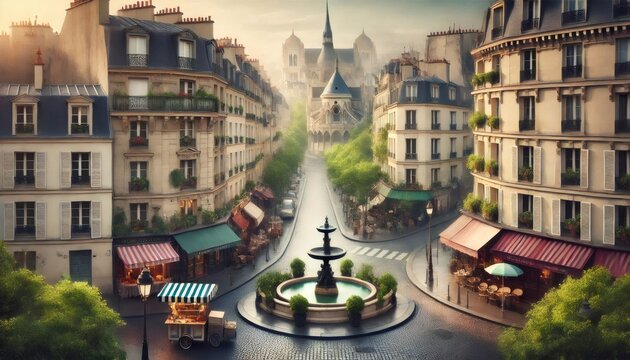Charming parisian street with fountain and saint germain des pres church in background during sunrise