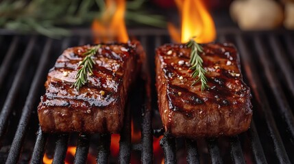 Juicy smoked meat sizzling a barbecue grill featuring succulent pork steaks infused with smoke surrounded by vibrant flames and grill marks creating a mouthwatering culinary scene