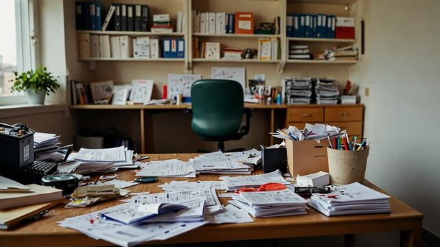 The interior of the office room is messy and dirty with scattered papers