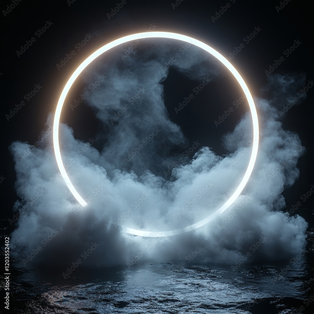 Poster luminous neon white circle radiating soft glow surrounded by a glowing laser frame and subtle smoke 