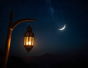 Ramadan Mubarak, The crescent moon shining over the dark blue sky with stars and lanterns, the...