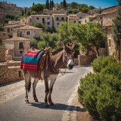 A friendly donkey with a colorful saddle in a Mediterranean village.