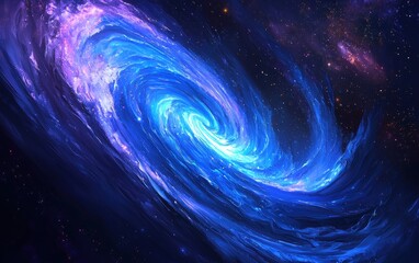 A stunning spiral galaxy with bright blue and purple arms stretching across deep space