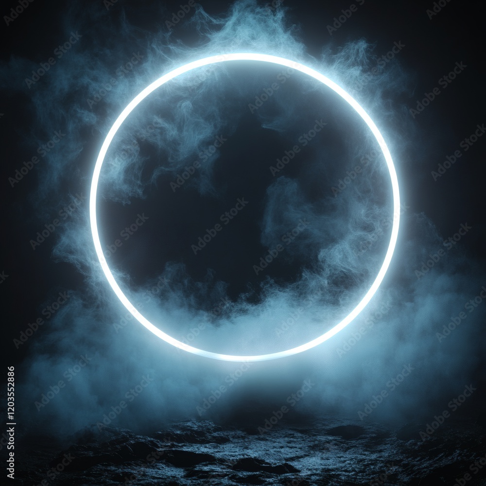 Aufkleber luminous neon white circle radiating soft glow surrounded by a glowing laser frame and subtle smoke 