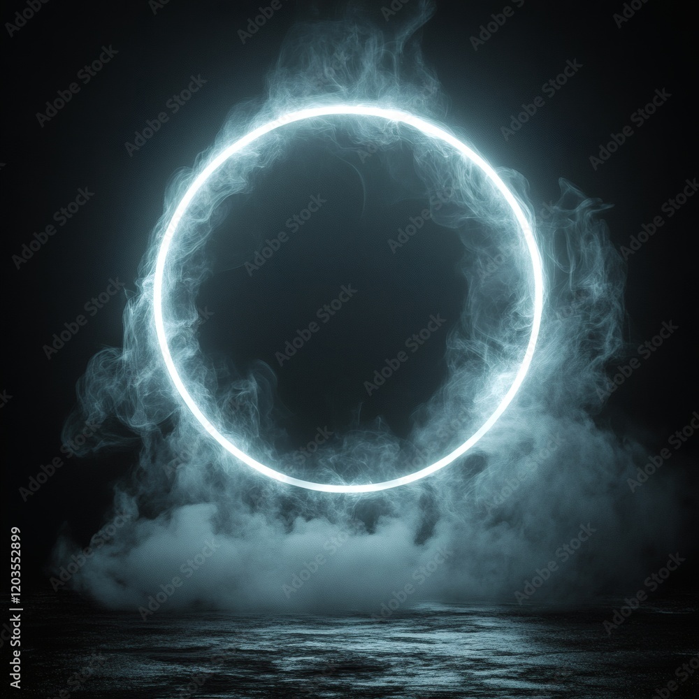 Aufkleber luminous neon white circle radiating soft glow surrounded by a glowing laser frame and subtle smoke 