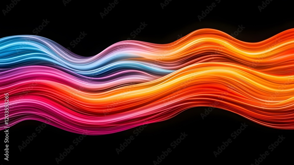 Poster The image contains vibrant, flowing lines of color, transitioning smoothly from cool blues and purples to warm oranges and reds, creating a wave-like pattern against a black background.