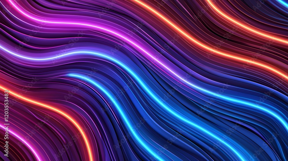Poster the image contains abstract, wavy, glowing lines in shades of purple, blue, and orange. the lines ar