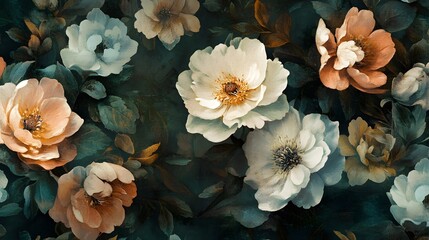 Dark Green Background with Elegant Peach and White Blooms