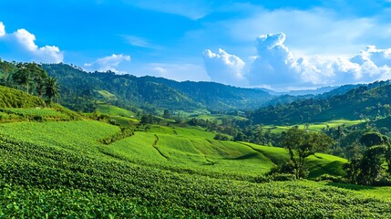 Obraz premium Vibrant green terraced hills bask in bright sunlight offering a serene landscape vista. AI Generated