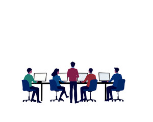 Illustration of a professional team working together in an office environment. Collaborative teamwork, modern workspace, and technology-focused productivity concept