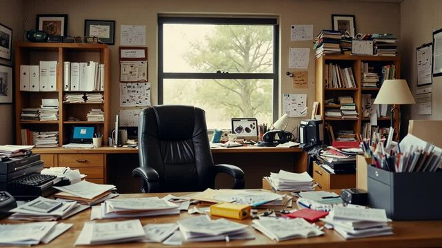 The interior of the office room is messy and dirty with scattered papers