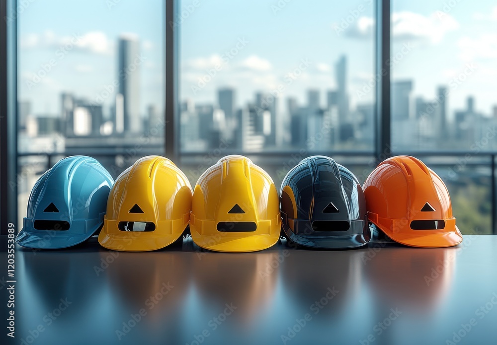 Poster A Row of Colorful Construction Helmets on a Table with a Modern City Skyline in the Background, Symbolizing Safety and Teamwork in Building Projects