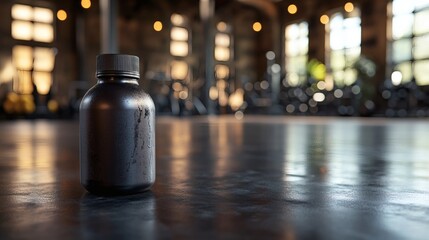 Mockup black countertop a gym setting ideal for showcasing protein supplements and sports drinks Fitness room interior with gym equipment in the background ready for product placement