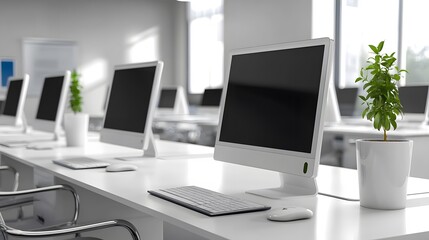 36. A modern office with computers and devices connected to fast and reliable servers, representing web hosting efficiency