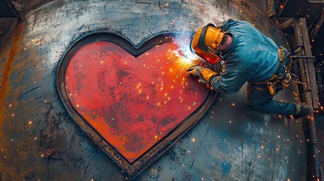 Welder Creating Heart on Steel Tank - Powered by Adobe