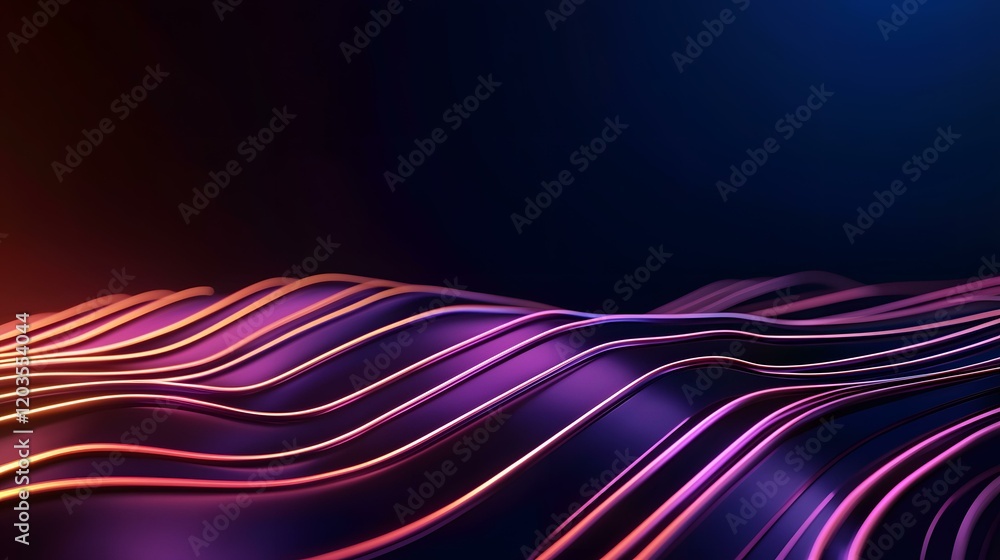 Poster the image contains a dark background with a series of wavy, glowing lines in shades of purple, pink,