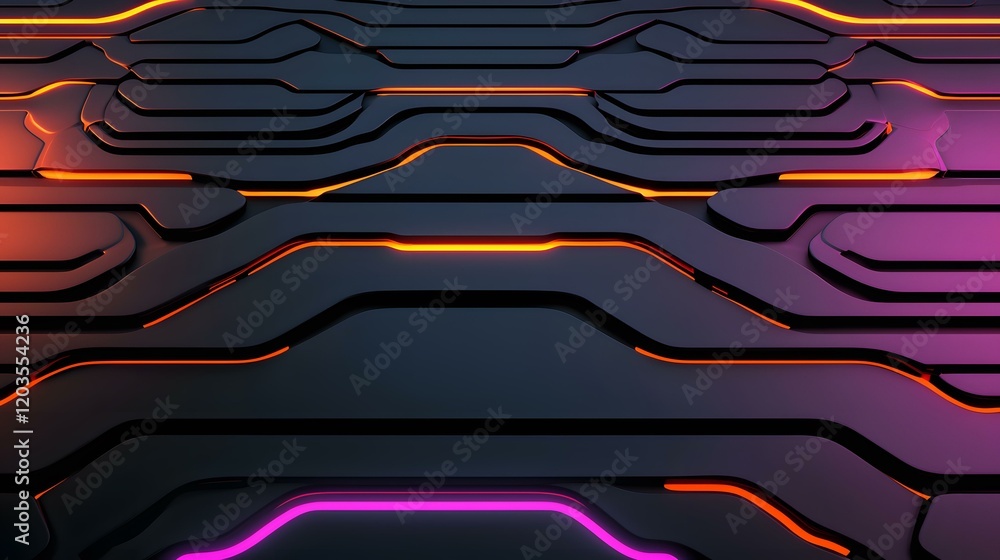 Poster the image contains an abstract, dark background with a layered, three-dimensional design. neon orang