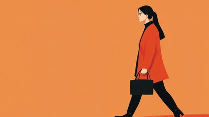 Businesswoman walking with briefcase on orange background	