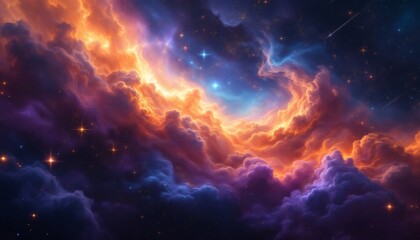 Fototapeta premium Celestial Nebula: A Cosmic Dreamscape of Fiery Hues and Starry Dust