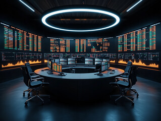Futuristic Trading Room with Advanced Digital Screens and Analytics