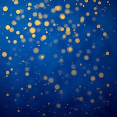Abstract blue background with golden bokeh lights and sparkles.