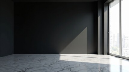 Obraz premium Sunlit Minimalist Room Interior with Marble Floor and Dark Walls