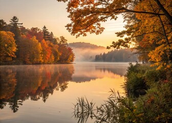 Obraz premium Autumn Lake Reflections: Serene Long Exposure Photography