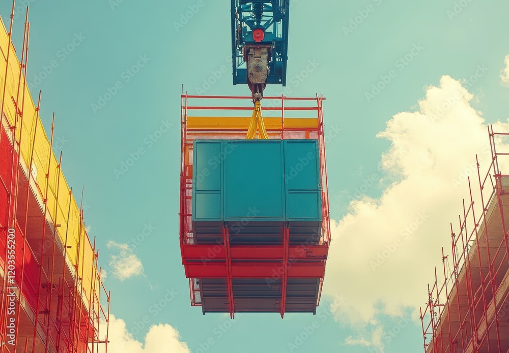 Poster crane lifting modular container at construction site under bright sky with colorful scaffolding in b