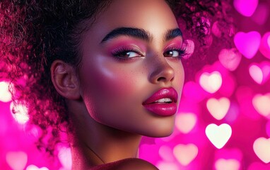 Fototapeta premium A vibrant beauty shot of a woman with hot pink lipstick and bold brows, glowing against a magenta heart-themed backdrop