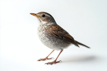 Fototapeta premium A small brown and grey bird stands on a white background.