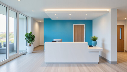 Modern design front desk of a healthcare facility with bright natural light and plants