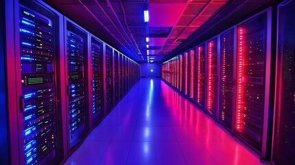 39. A series of servers with glowing lights and high-speed data transmission, showcasing web hosting performance